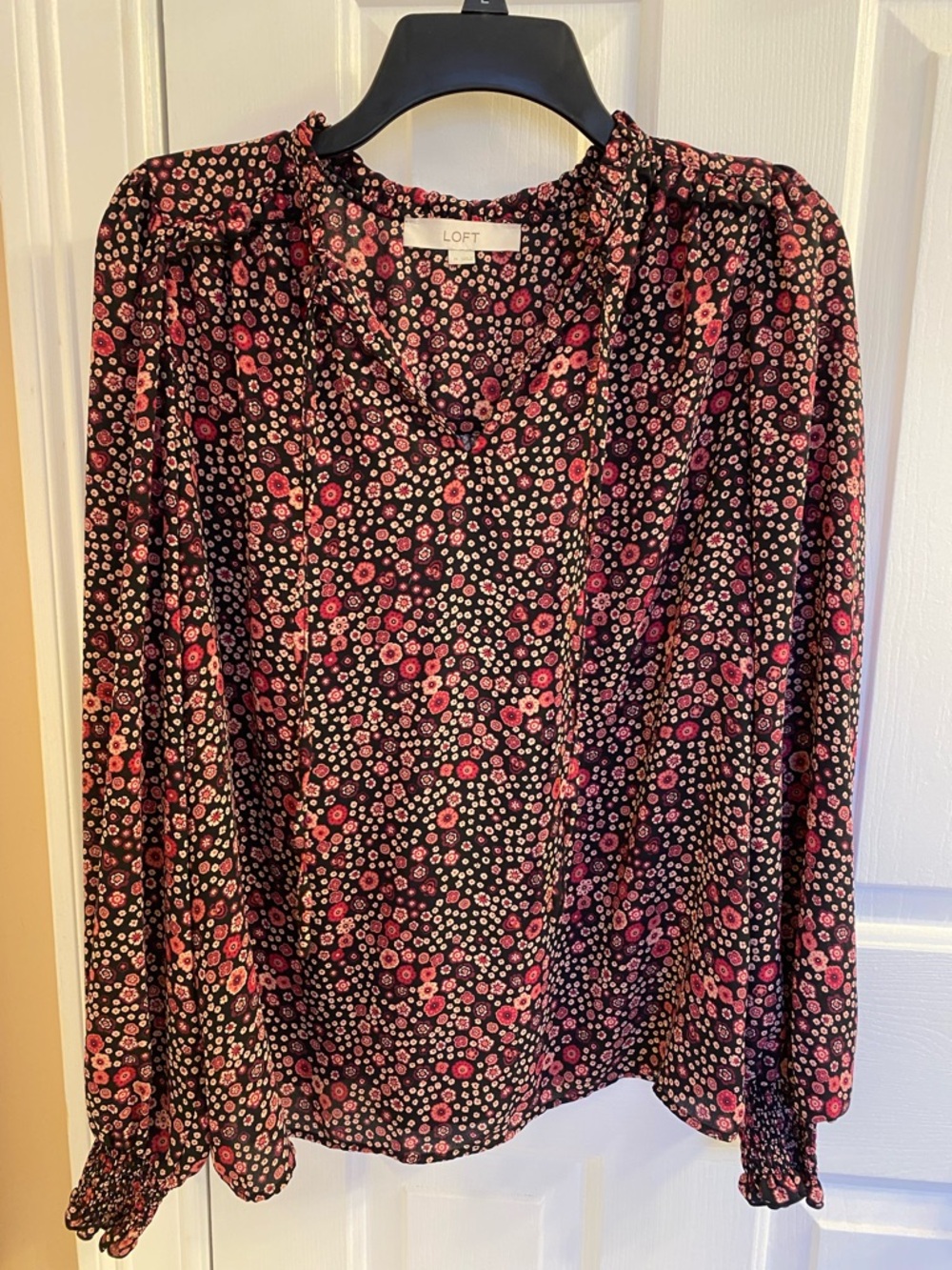 LOFT Black Blouse with Pink Floral Print